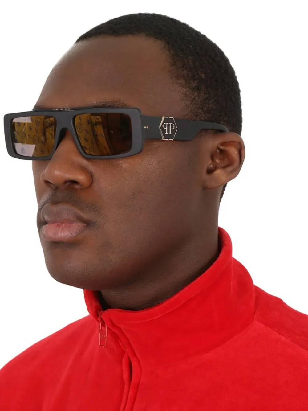 Philipp Plein Men’s Sunglasses Black Gold Mirror Pattern Rectangle SPP003M 703L